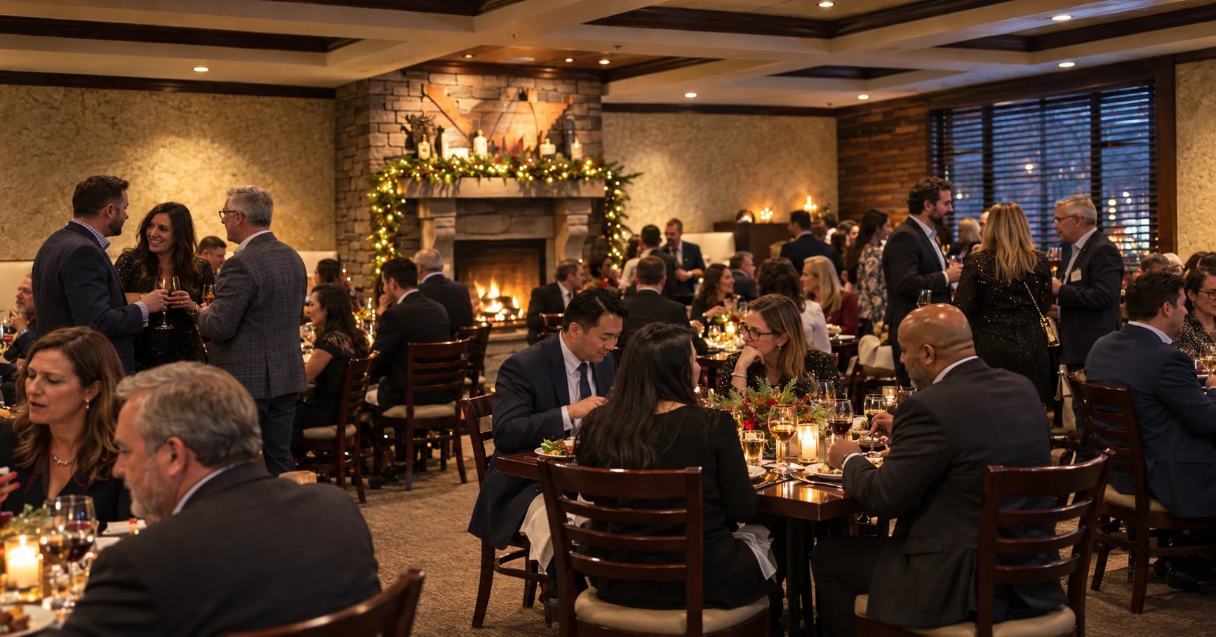 A holiday party in the Tuscan Room at Amelia's, with the fireplace lit